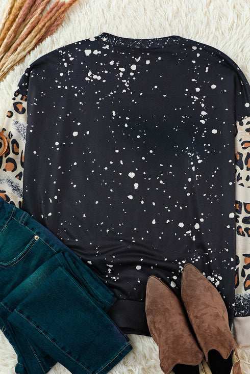 Black Mom Letter Graphic Print Leopard Bleached Sweatshirt